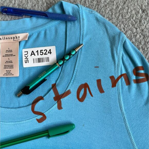 Philosophy Tunic Top Women Size L Blue Hi-Low Sharkbite Hem Stretch Rayon Ruched - Picture 3 of 11